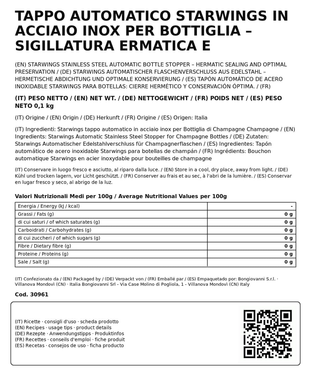 Tappo Automatico Starwings in Acciaio Inox per Bottiglia – Sigillatura Ermatica e Conservazione Ottimale