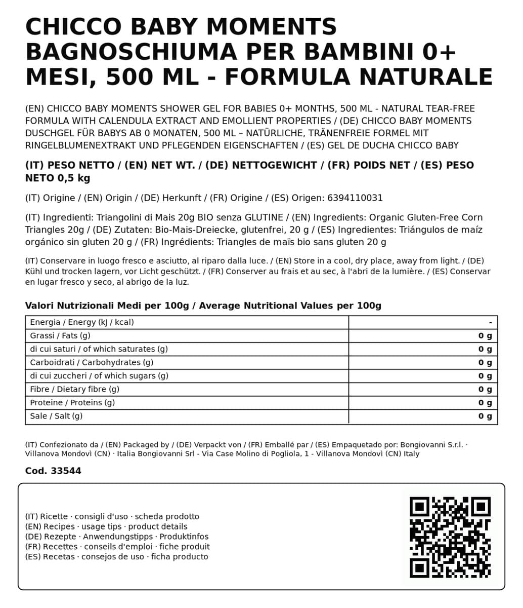 Chicco Baby Moments Bagnoschiuma per Bambini 0+ Mesi, 500 ml - Formula Naturale senza Lacrime con Estratto di Calendula e Proprietà Emolienti