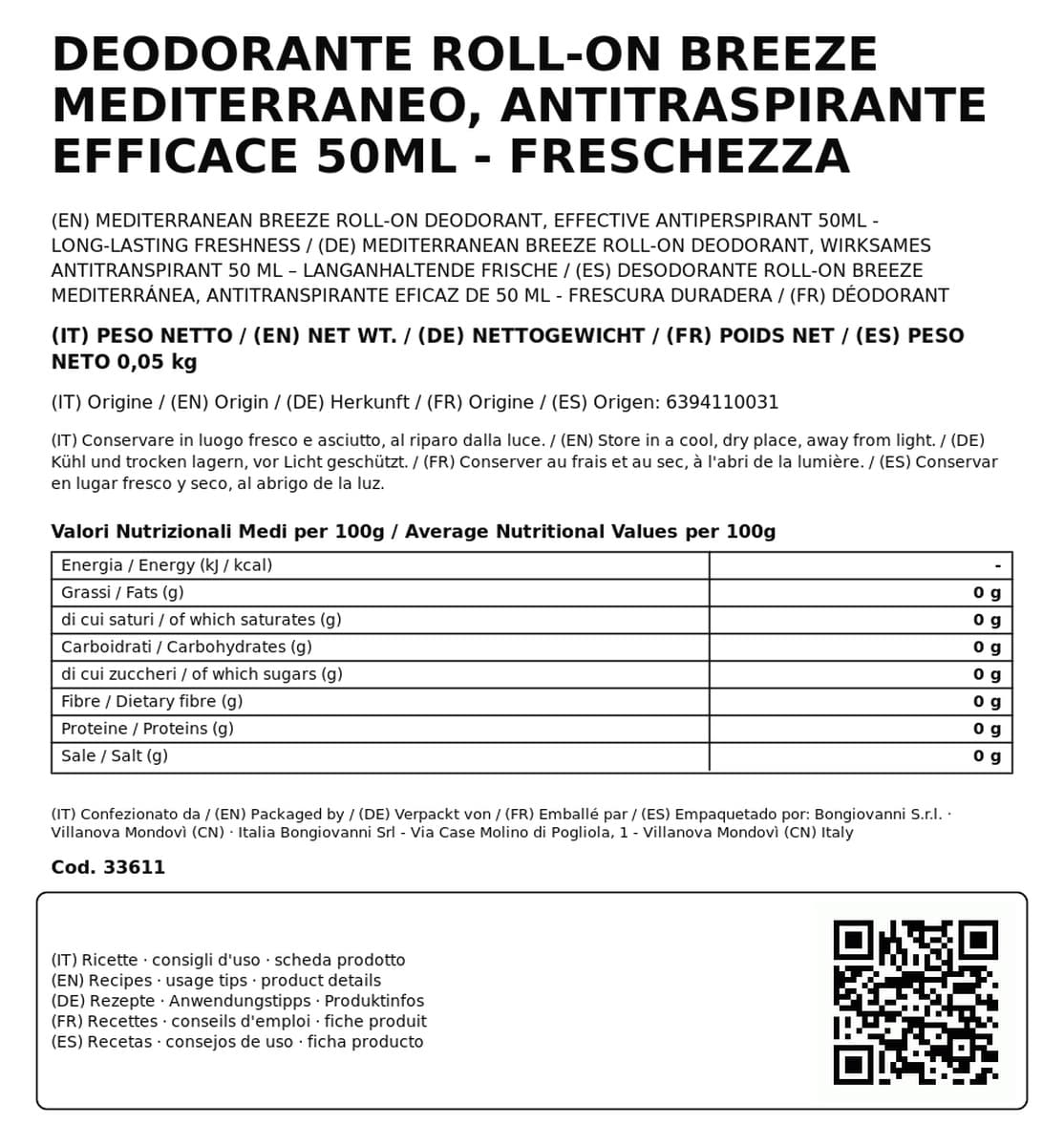 Deodorante Roll-On Breeze Mediterraneo, Antitraspirante Efficace 50ml - Freschezza Duratura
