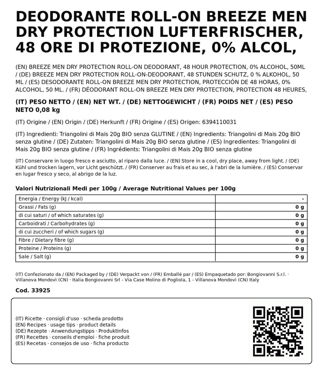 Deodorante Roll-on Breeze Men Dry Protection Lufterfrischer, 48 Ore di Protezione, 0% Alcol, 50ml