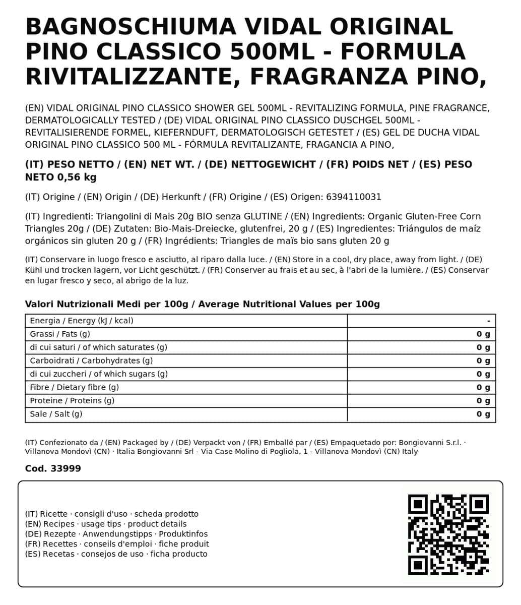 Bagnoschiuma Vidal Original Pino Classico 500ml - Formula Rivitalizzante, Fragranza Pino, Dermatologicamente Testato