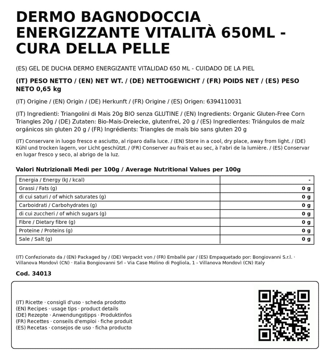 Dermo Bagnodoccia Energizzante Vitalità 650ml - Cura della Pelle