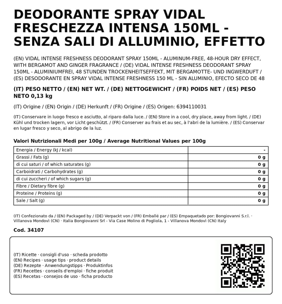 Deodorante Spray Vidal Freschezza Intensa 150ml - Senza Sali di Alluminio, Effetto Asciutto 48 Ore, con Fragranza di Bergamotto e Zenzero