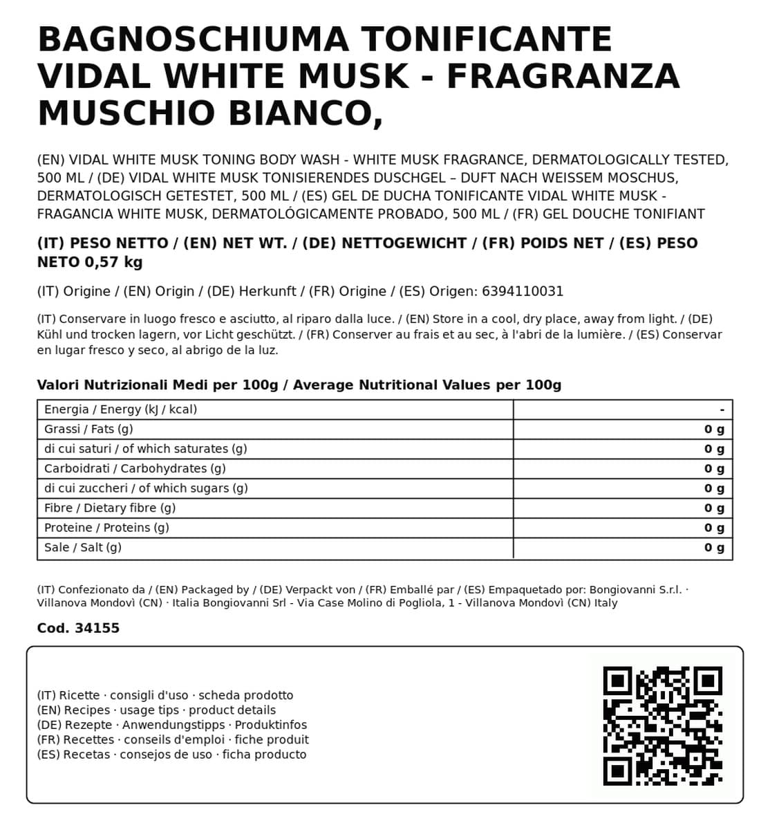 Bagnoschiuma Tonificante Vidal White Musk - Fragranza Muschio Bianco, Dermatologicamente Testato, 500 ml