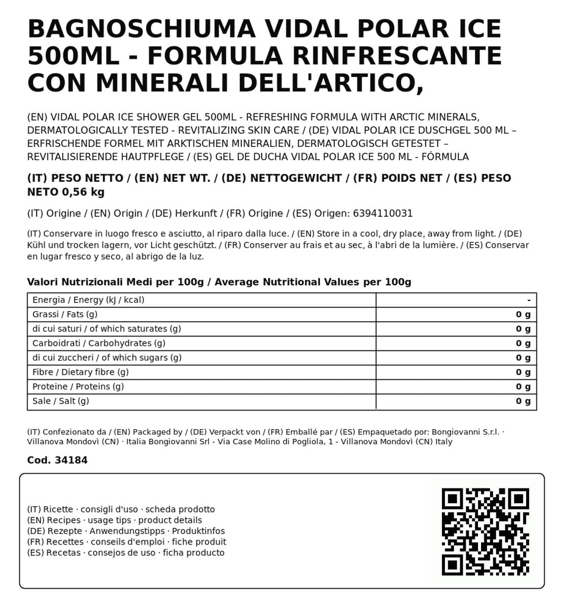 Bagnoschiuma Vidal Polar Ice 500ml - Formula Rinfrescante con Minerali dell'Artico, Dermatologicamente Testato - Cura della Pelle Revitalizzante