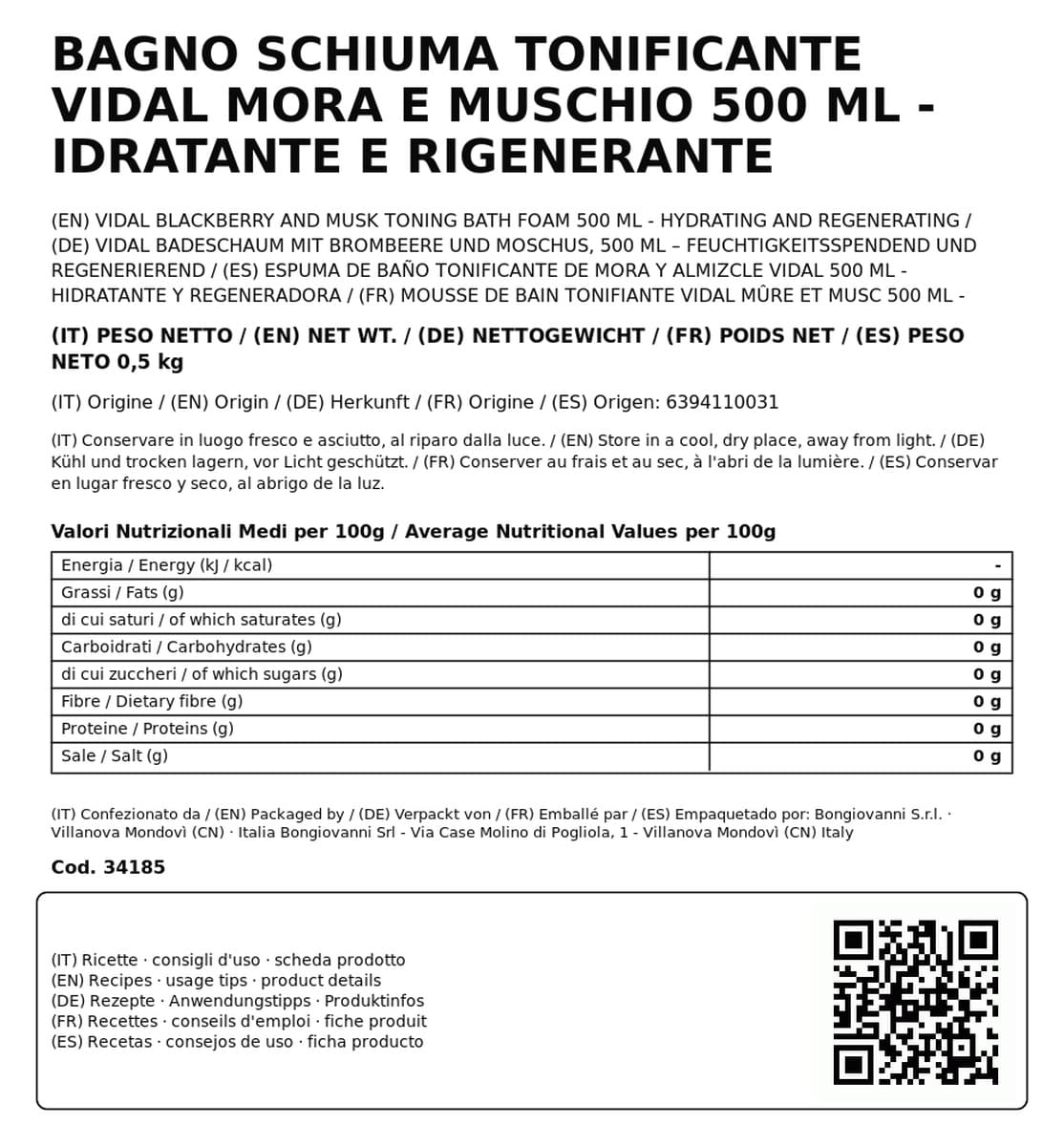 Bagno Schiuma Tonificante Vidal Mora e Muschio 500 ml - Idratante e Rigenerante