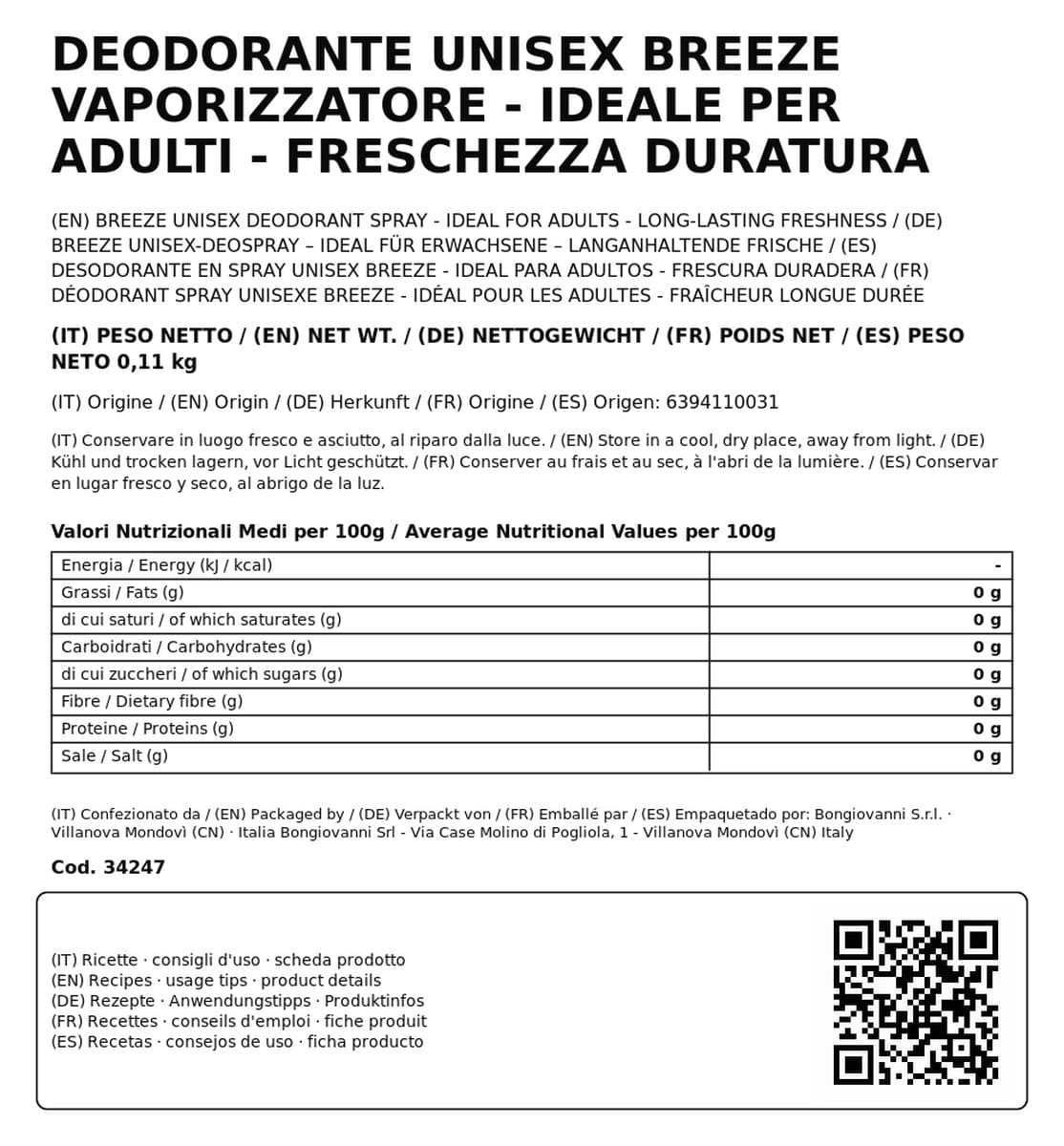 Deodorante Unisex Breeze Vaporizzatore - Ideale per Adulti - Freschezza Duratura