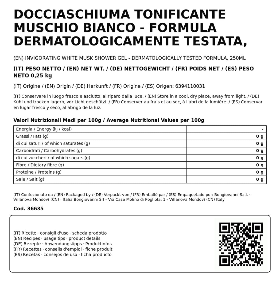 Docciaschiuma Tonificante Vidal White Musk - Muschio Bianco, Formula Dermatologicamente Testata, 250ml