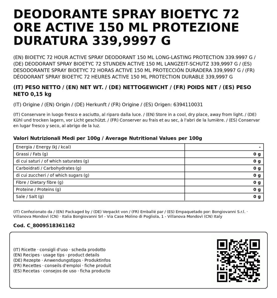 Deodorante Spray BIOETYC 72 Ore Active, 150 ml, Protezione Duratura, 339.9997g