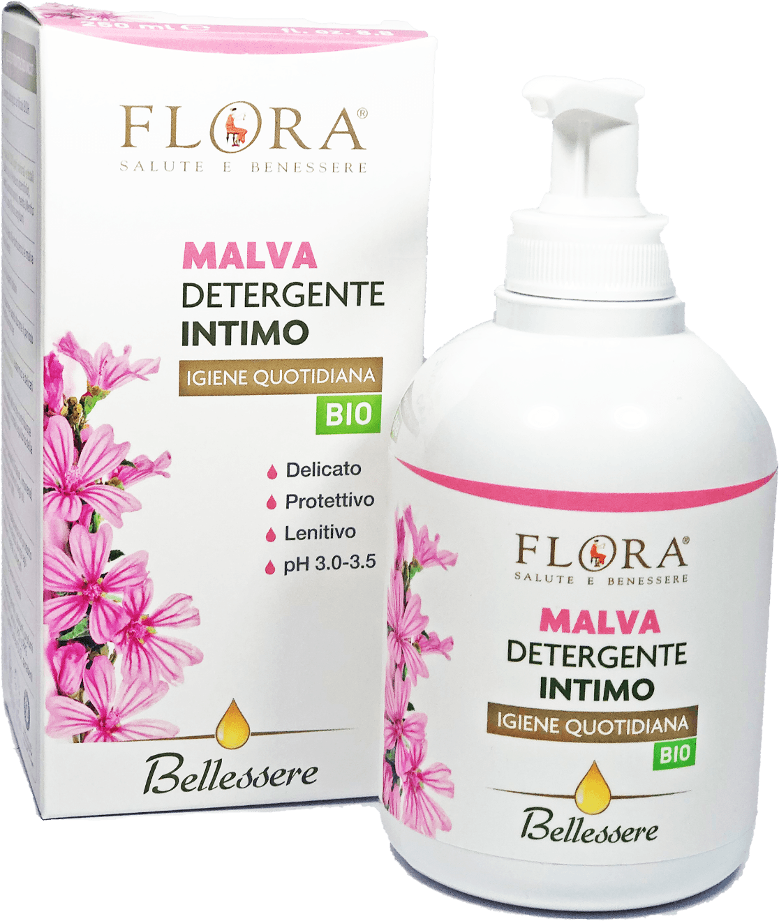 Detergente Intimo Biologico FLORA con Estratto di Malva - PH 3.0-3.5 Certificato BIO-BDIH - Effetto Lenitivo e Idratante - 250 ml