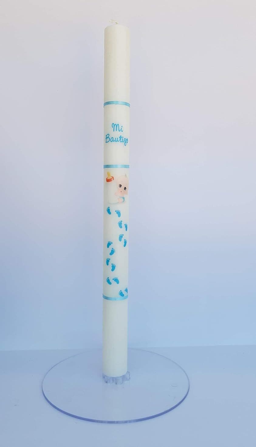 Fiestadekor - Candela per battesimo, in cera bianca,dimensioni: 3 x 40 cm, decorata conorme di piedini e un bambino con biberon senza personalizzazione