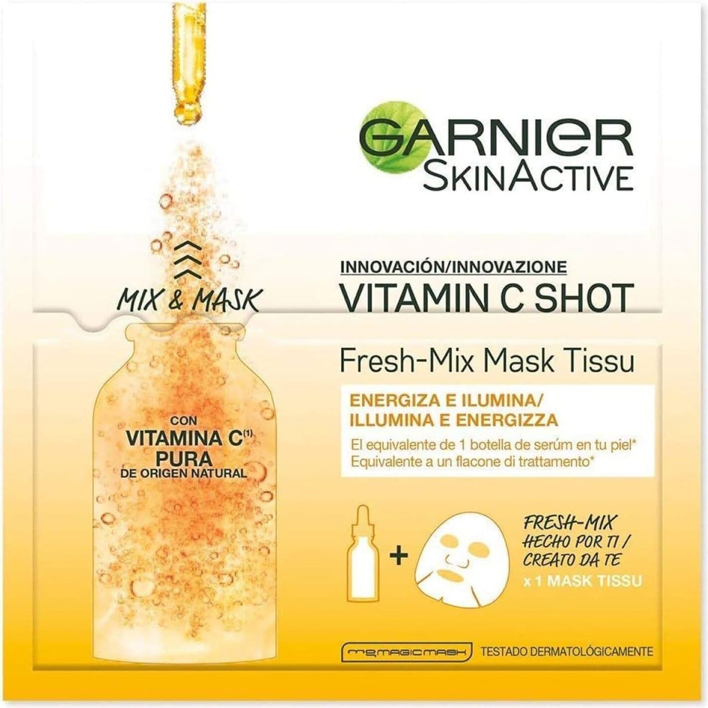 Maschera Tessuto Illuminante Garnier Skin Active con Siero Vitamina C Shot, Uniforma e Schiarisce il Colorito, 33gr, Importazione