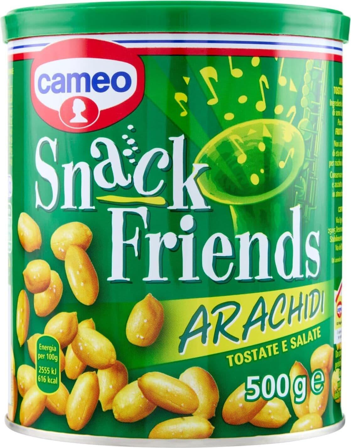 Cameo Snack Friends Arachidi 500 g, Arachidi Tostate e Salate Ideali per Aperitivo, Conservate in una Pratica Lattina con Coperchio Salva Freschezza, Senza Olio di Palma, Vegano, 500 g Complessivi