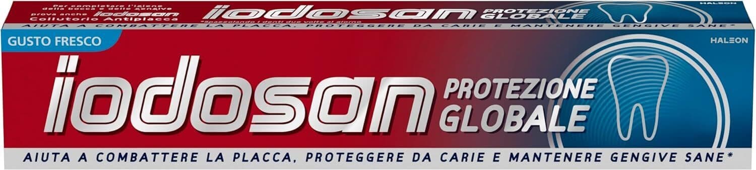 Iodosan Dentifricio Protezione Globale, con Fluoro, Aiuta a combattere la Placca e protegge dalle Carie, Gengive Sane, Gusto Fresco, Confezione da 75ml