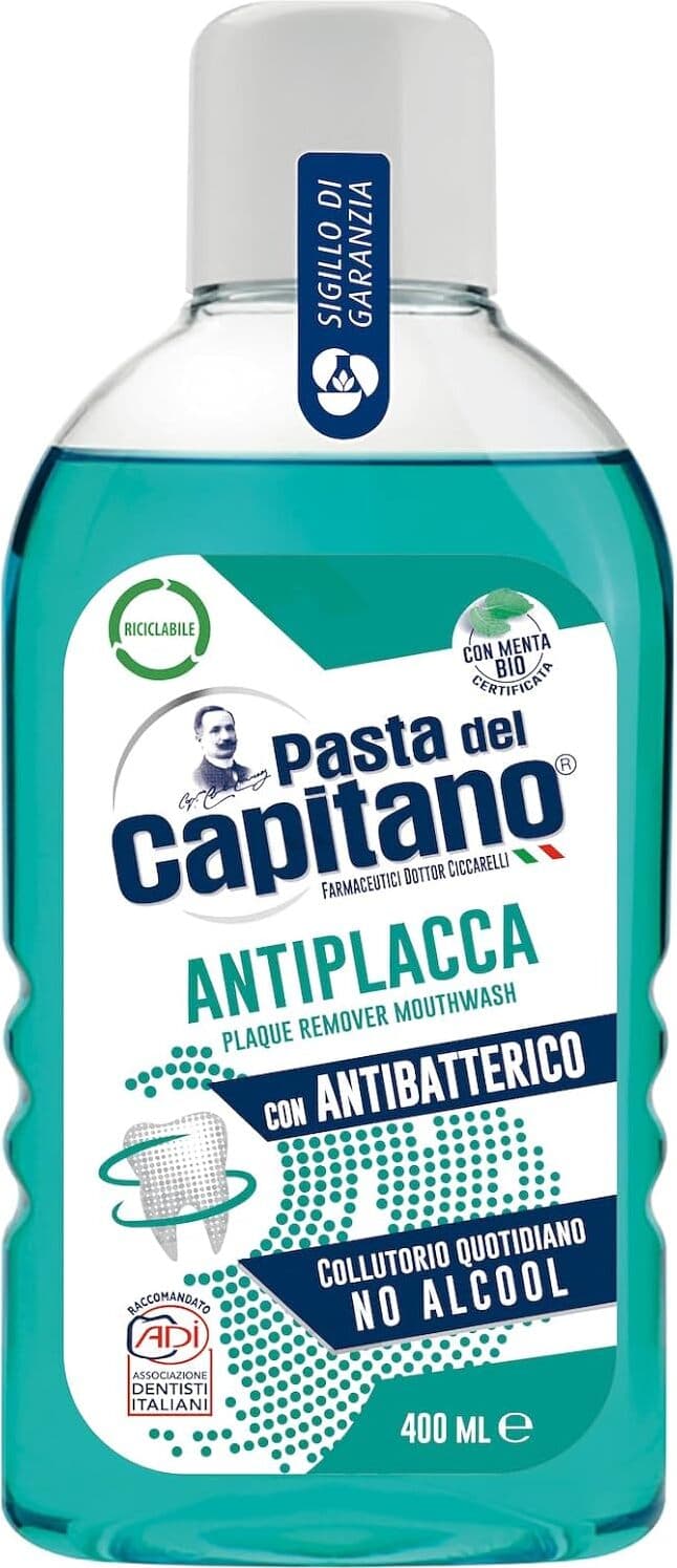 Pasta del Capitano, Collutorio Antiplacca, Collutorio Quotidiano Senza Alcool, Esercita un'Efficace Azione Antiplacca, Con Antibatterico, 100% Made in Italy, Flacone da 400 ml