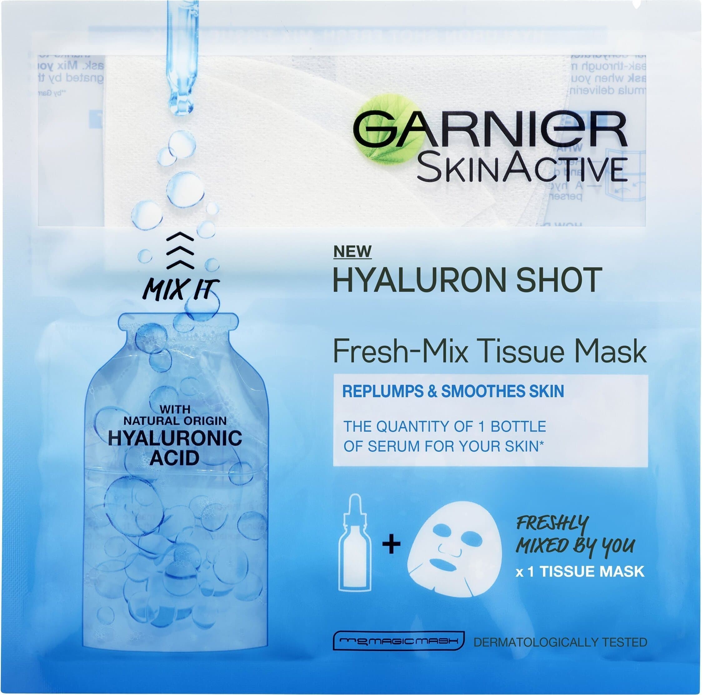 Maschera Viso Garnier Skin Active con Tessuto e Siero - Hyaluron Shot Replumps & Smoothes Skin, 33gr - Import