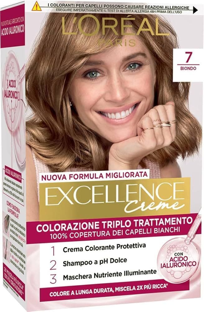 Tinta Capelli L'Oréal Paris Excellence con Triplo Trattamento, Acido Ialuronico, Copertura Completa Capelli Bianchi, Idratazione Intensa, Biondo Cenere 7.1
