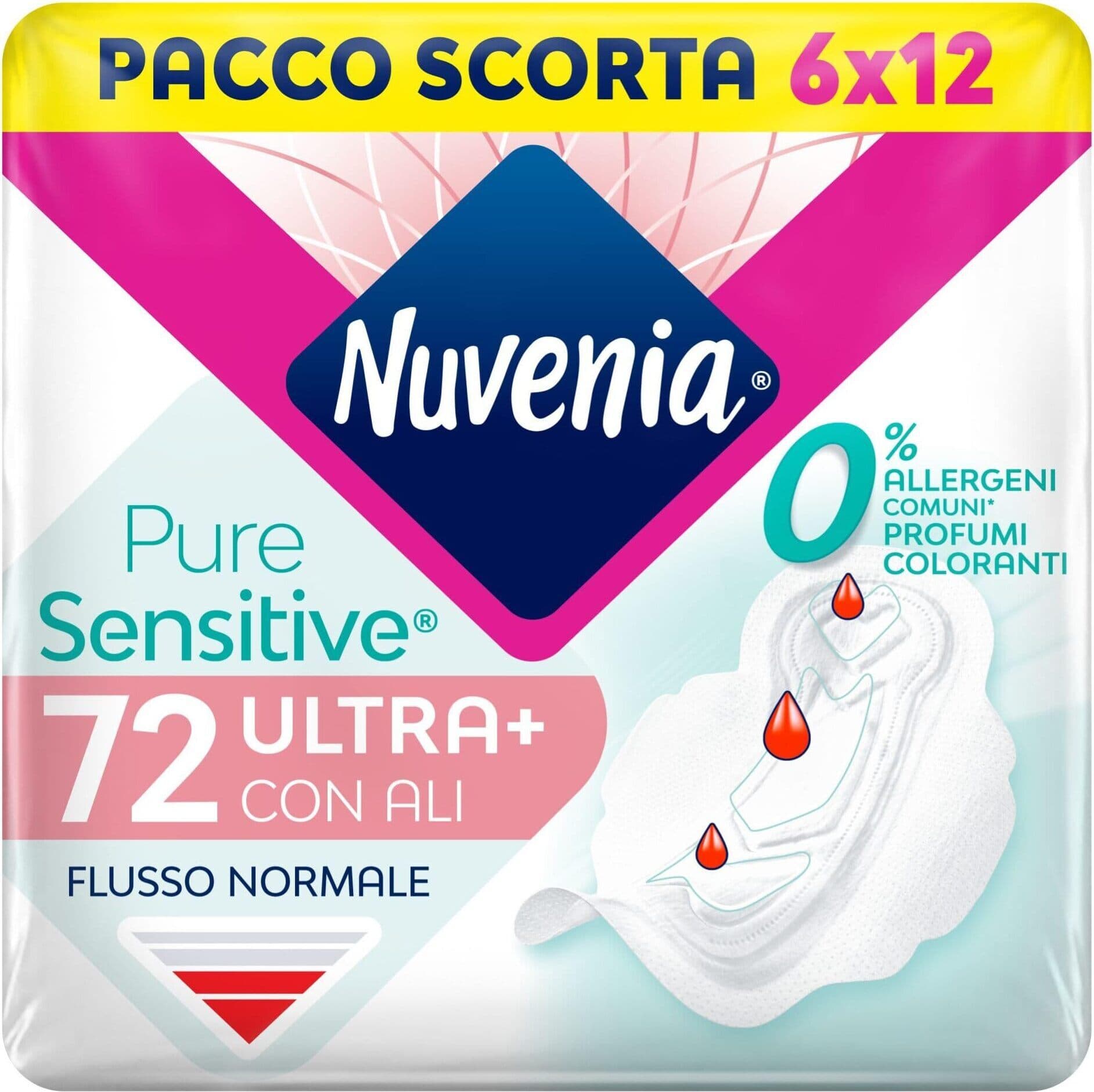 Nuvenia, Assorbente Pure Sensitive Ultra Giorno con Ali, Assorbenti per Flusso Normale, Confezione da 72 Assorbenti X 12 Pezzi