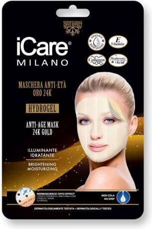 Maschera Viso iCare Anti-Età Oro 24k Hydrogel - Effetto Lifting Istantaneo, Formulata con Acido Ialuronico, Collagene e Vitamina E, Maschera Monouso Brevettata - Azione Antiaging, Antiossidante, Idratante ed Elasticizzante